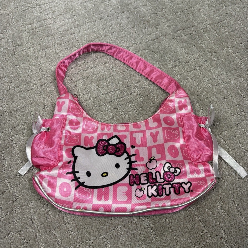 Vintage 2011 Hello Kitty Sanrio Pink Checkered Shoulder Bag Purse Y2K Style Bows